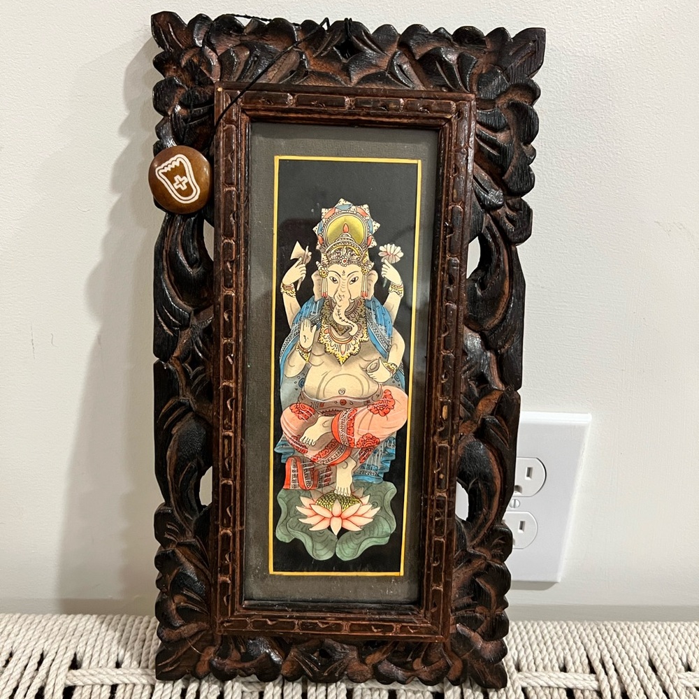 Hindu GoD of Ganesha Intricately Carved Wooden Frame with Ganesh Artwork